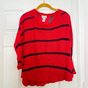 Soft Surroundings Size XS 3/4 length crew neck knit sweater, orange & navy blue.